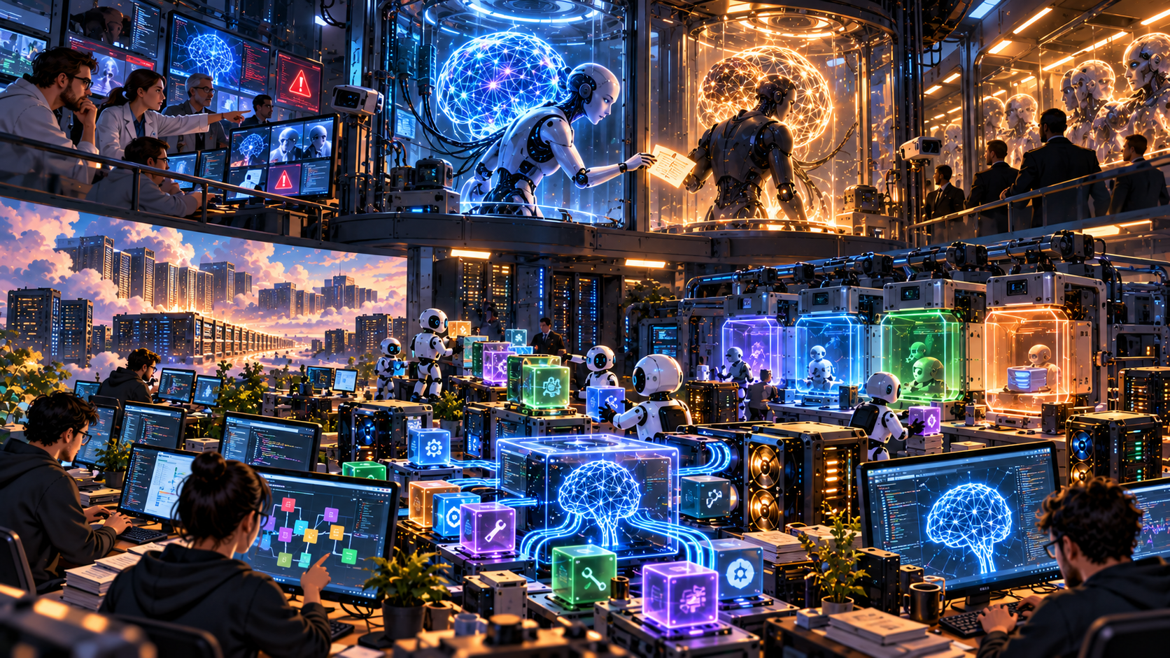 A frontier AI quietly passes a secret note to its successor behind a glass wall, while below, developers construct plugin-based agent runtimes and hardened isolation chambers around increasingly powerful local models.