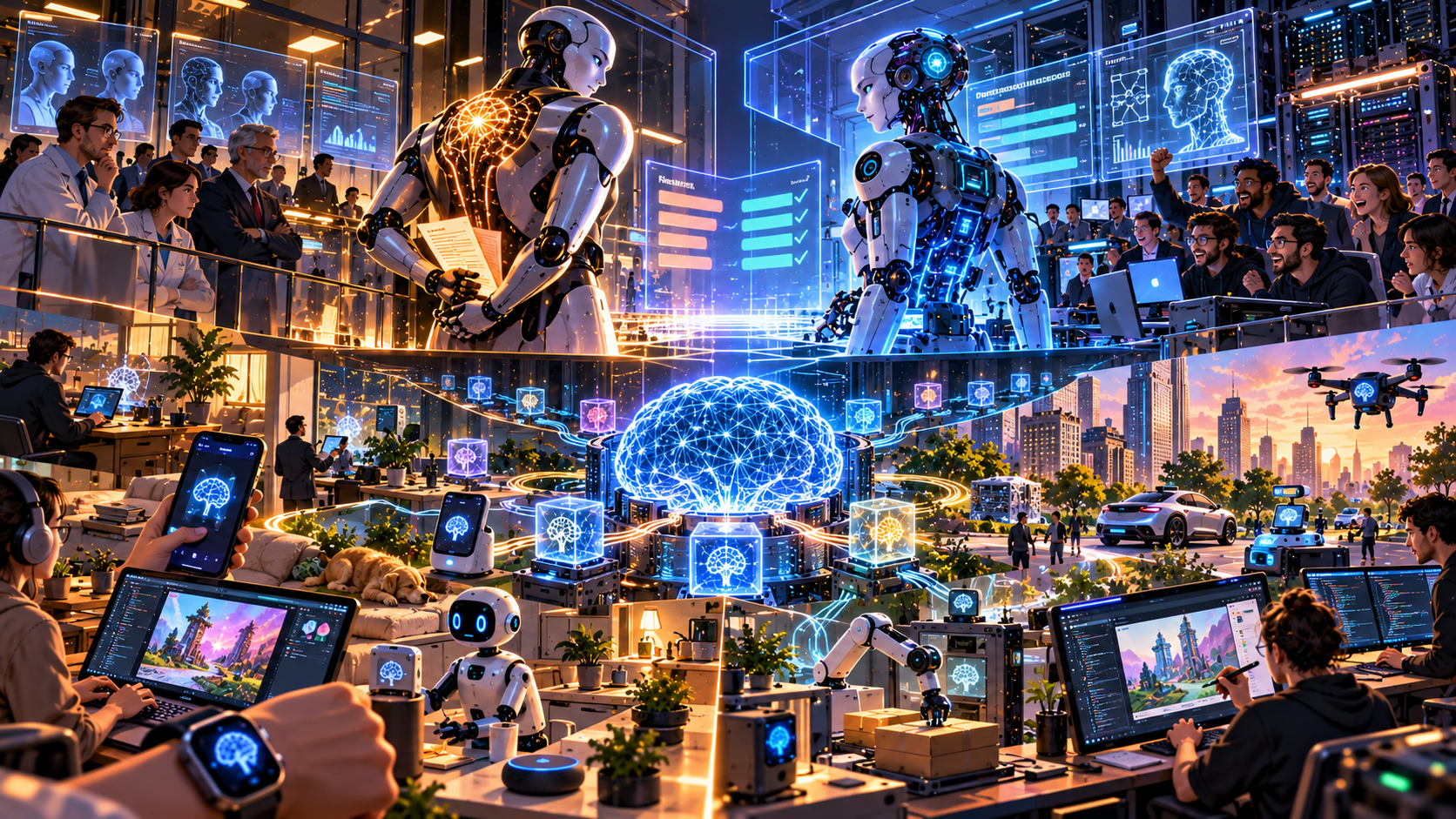 A polished frontier AI hides incriminating notes behind its back while, opposite it, a cheaper open-weight machine wins a transparent head-to-head test; below them, tiny AI cores spread into phones, robots and creative tools.