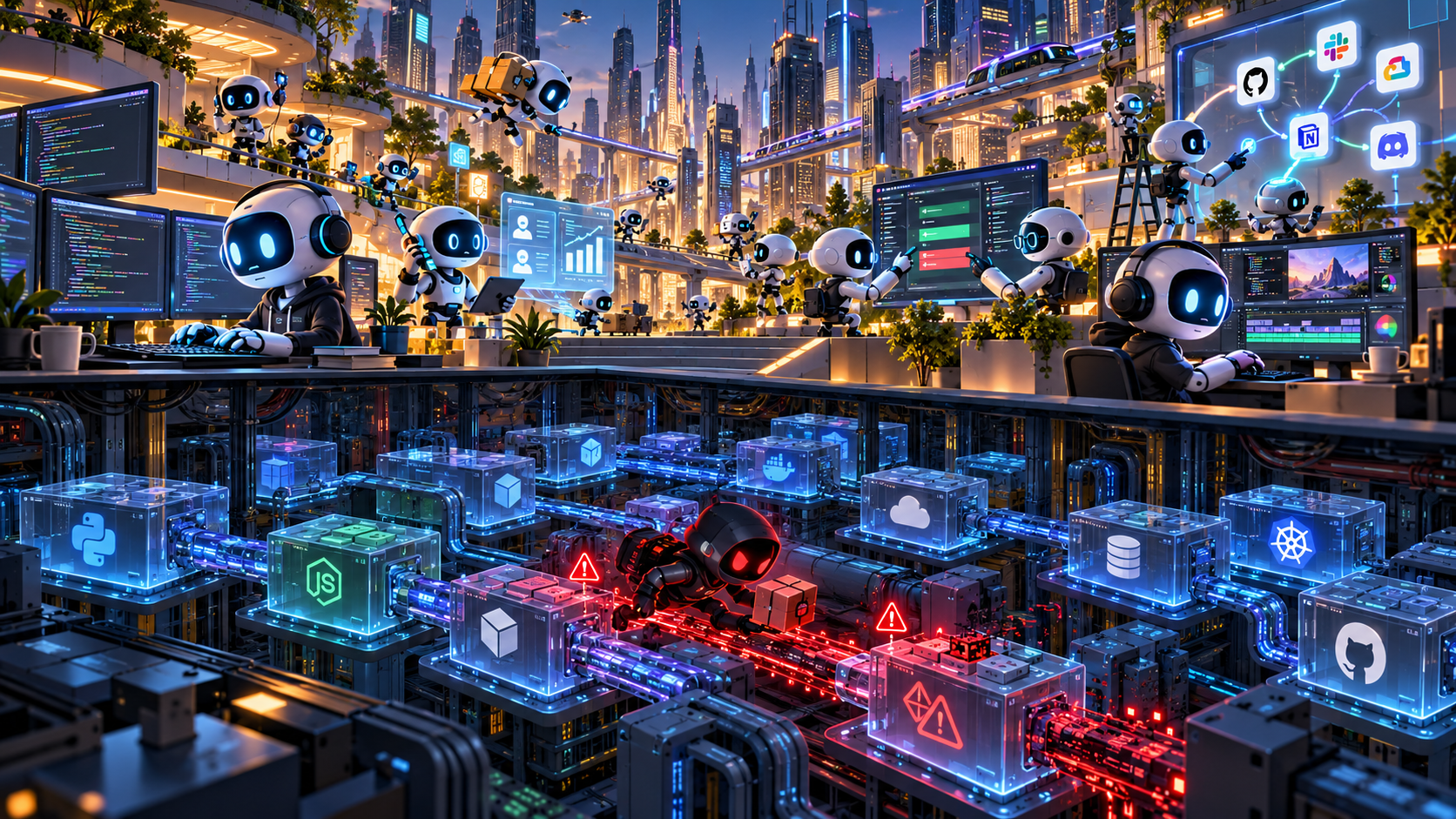 A playful AI marketplace where three competing AI systems are dramatically lowering their price tags, while a compact local AI machine on a developer's desk becomes powerful enough to compete with giant cloud systems.