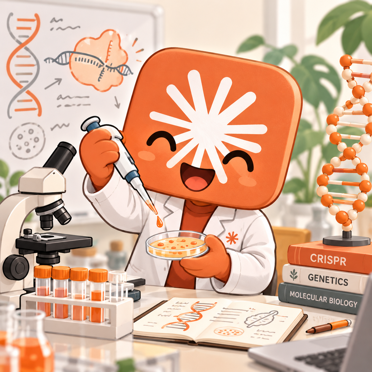 A playful cartoon illustration of Claude as an orange AI scientist working in a molecular biology lab, using a pipette beside a microscope, DNA models, petri dishes, and CRISPR genetics notes. Created to represent AI-driven biological discovery and the rise of scientific agent workflows.